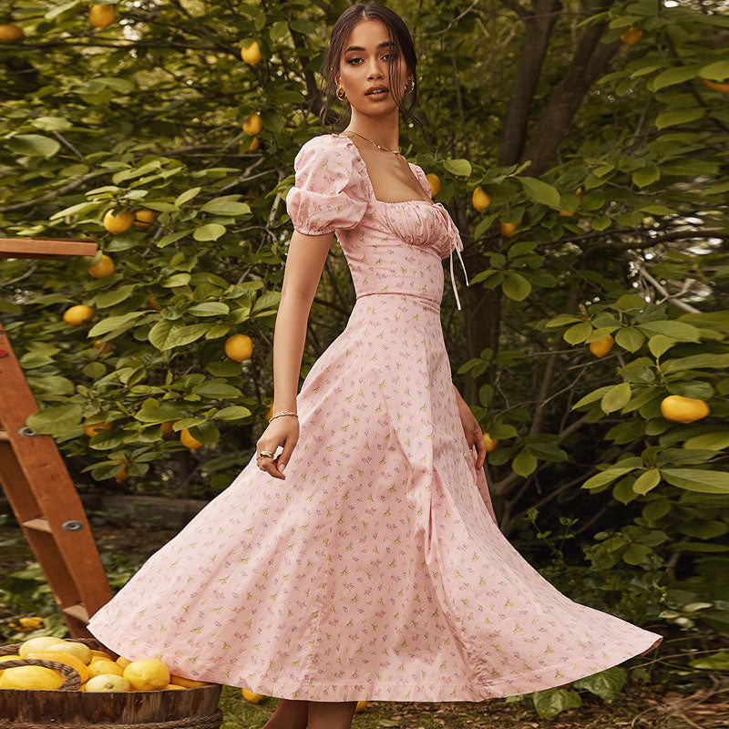 Pink Square Neck Floral Puff Sleeve High Slit Smock Maxi Dress