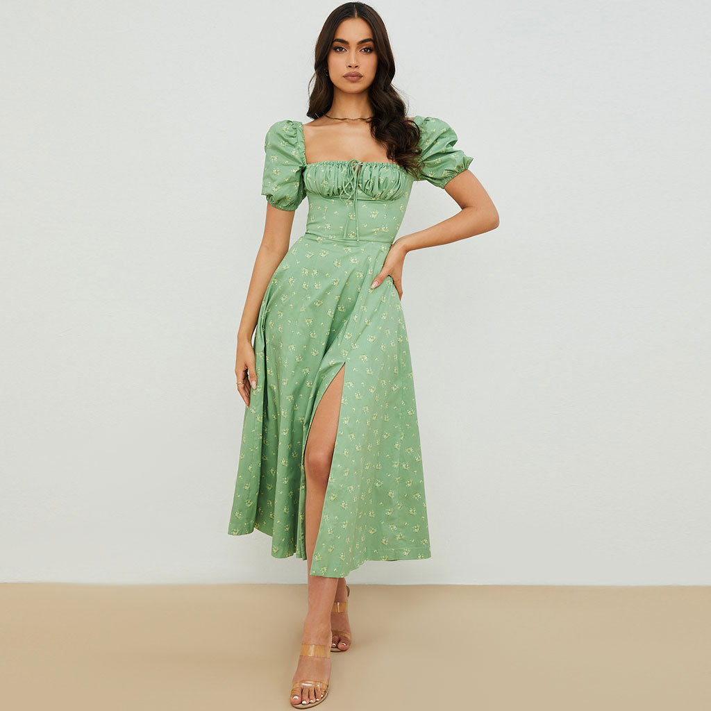Sage Green Square Neck Floral Puff Sleeve High Slit Smock Maxi Dress