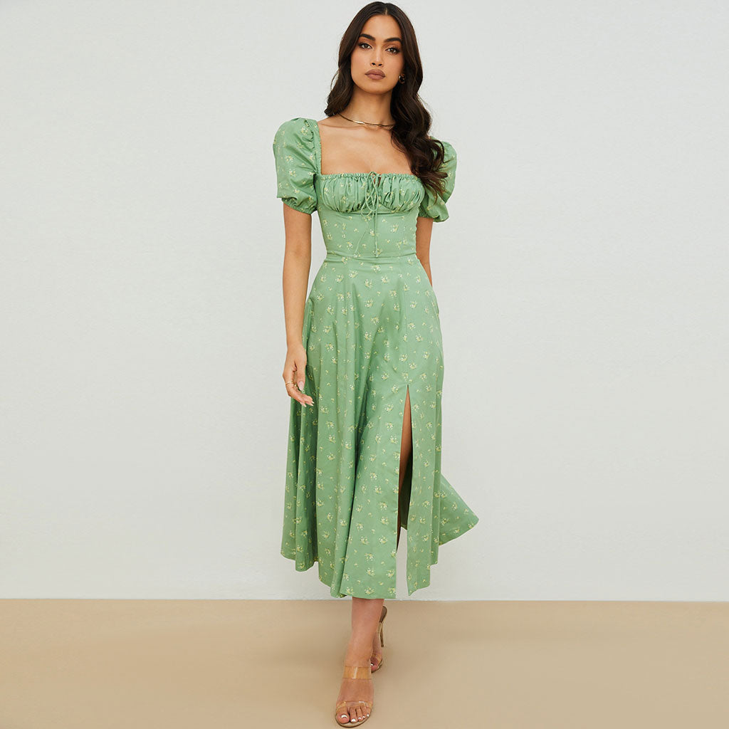 Sage Green Square Neck Floral Puff Sleeve High Slit Smock Maxi Dress