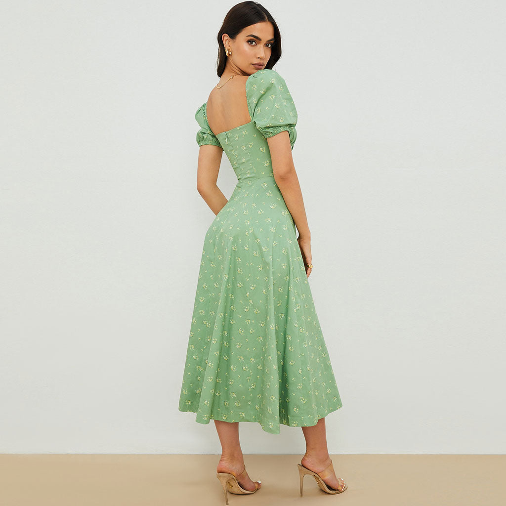 Sage Green Square Neck Floral Puff Sleeve High Slit Smock Maxi Dress