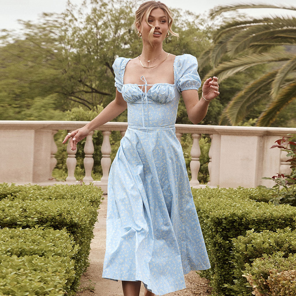 Sky Blue Square Neck Floral Puff Sleeve High Slit Smock Maxi Dress
