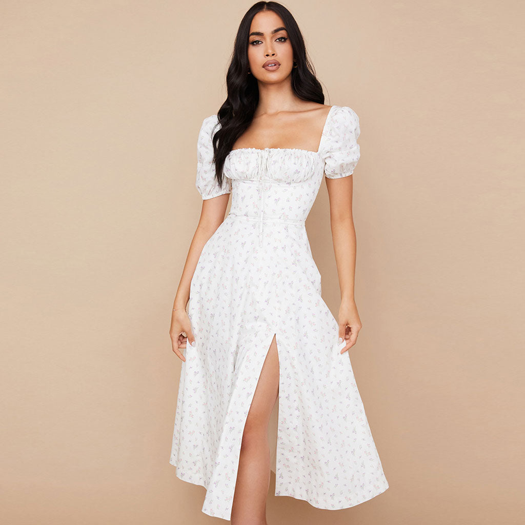 White Square Neck Puff Sleeve Floral Front Slit A-Line Midi Dress