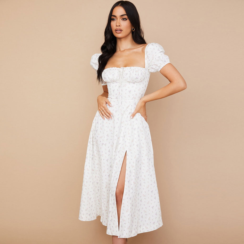 White Square Neck Puff Sleeve Floral Front Slit A-Line Midi Dress 2
