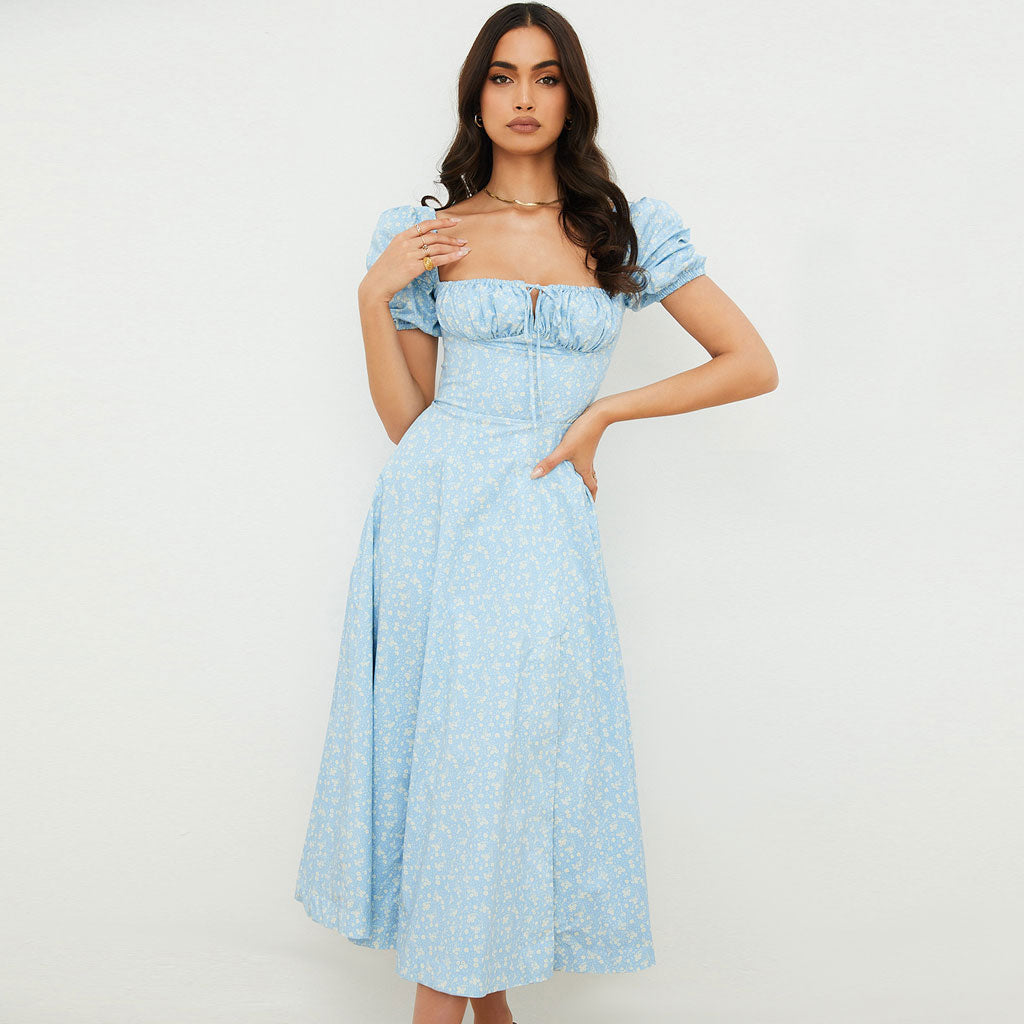 Sky Blue Square Neck Floral Puff Sleeve High Slit Smock Maxi Dress