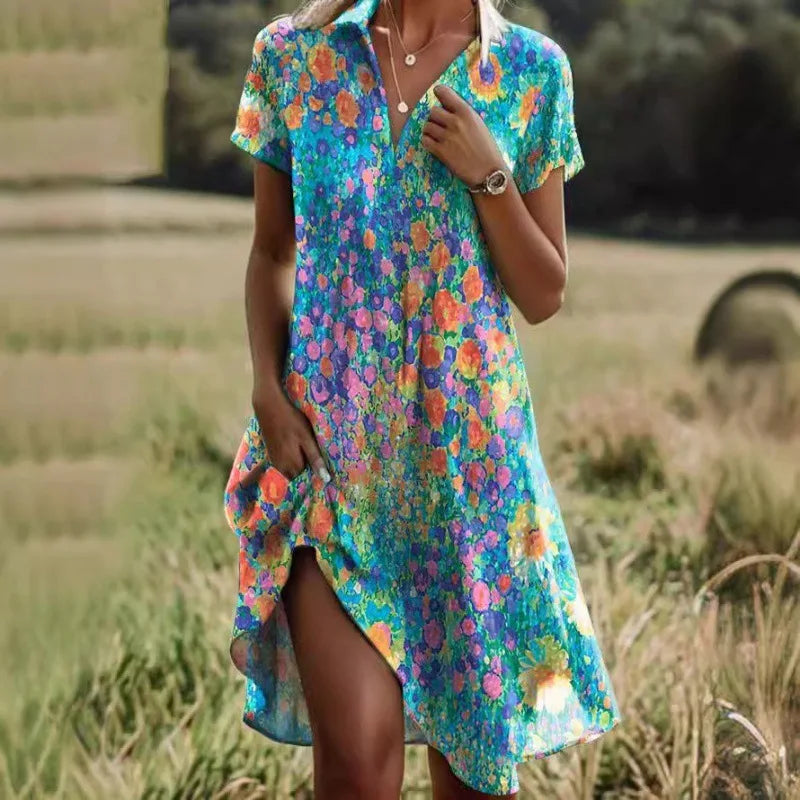 Collared Short Sleeve Floral Button Front Midi Dress 5