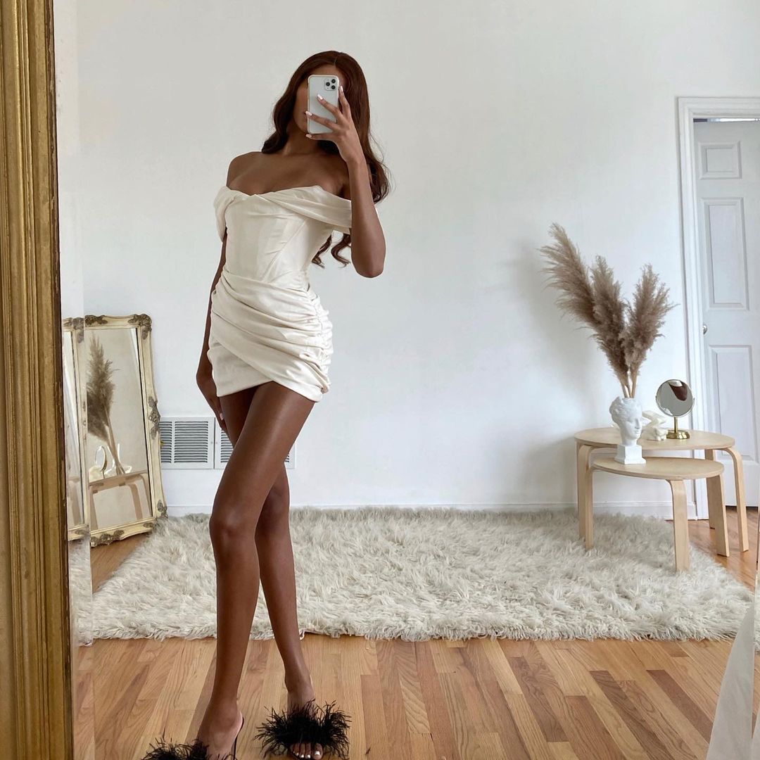 Off-Shoulder Satin Corset Ruched Draped Bodycon Mini Dress