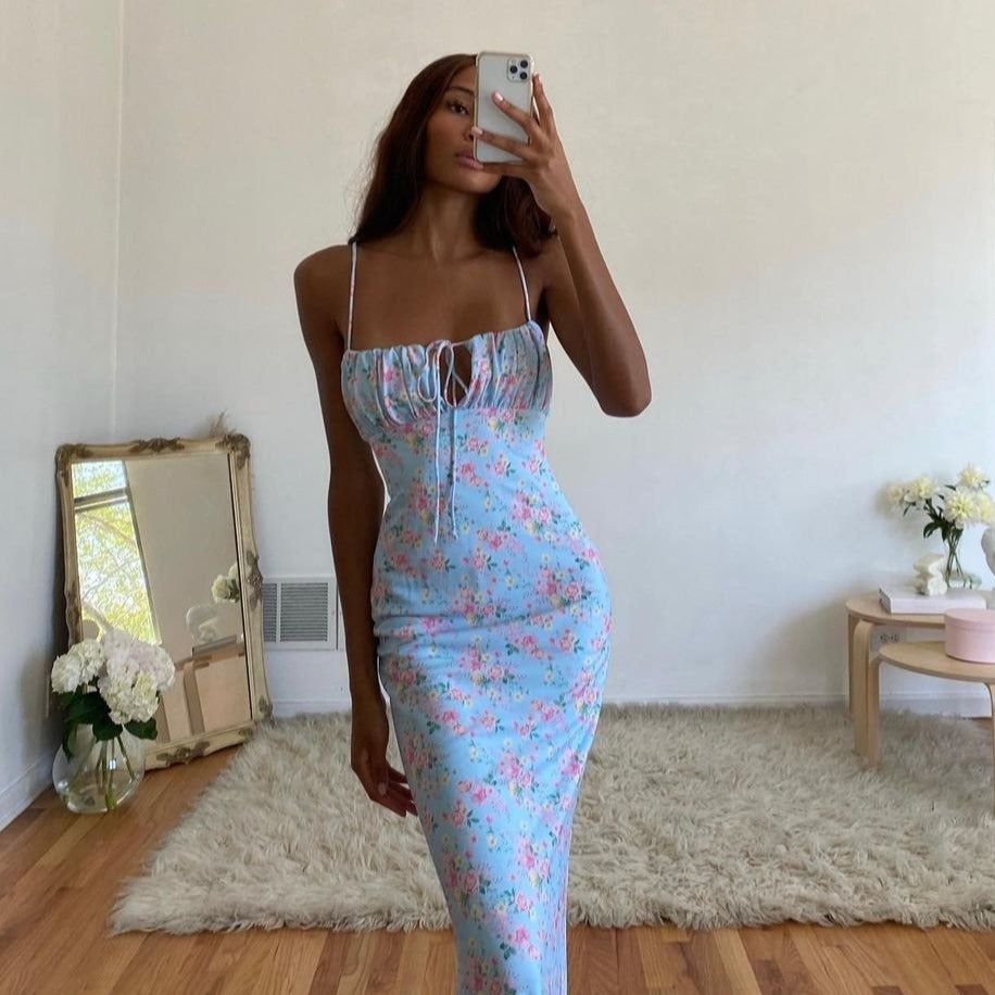 Blue Sweetheart Neck Spaghetti Strap Floral Ruched Lace-Up Bodycon Maxi Dress