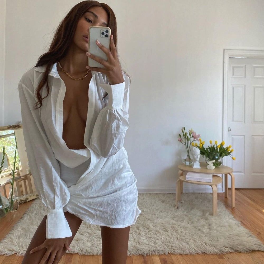White Collared Plunge Twist Front Ruched Long Sleeve Shirt Mini Dress