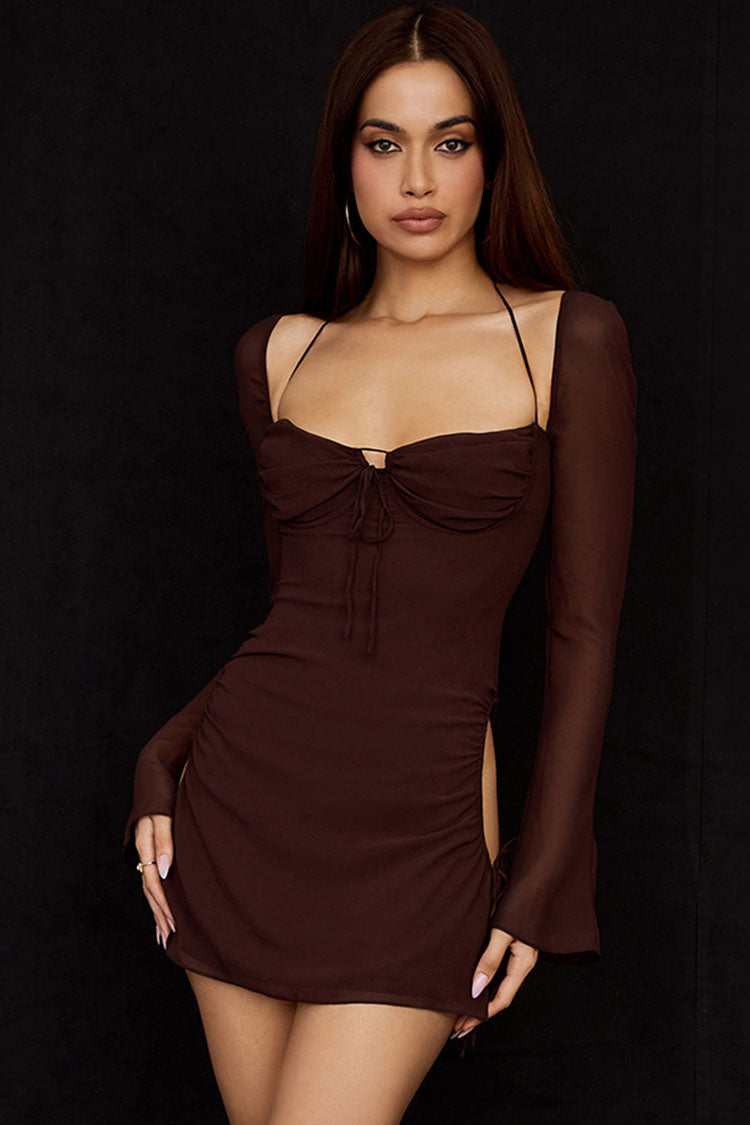 Chocolate Halter Neck Long Sleeve Tie Front Ruched Bodycon Mini Dress