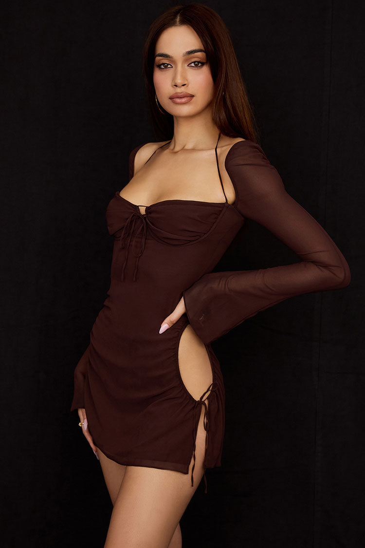 Chocolate Halter Neck Long Sleeve Tie Front Ruched Bodycon Mini Dress