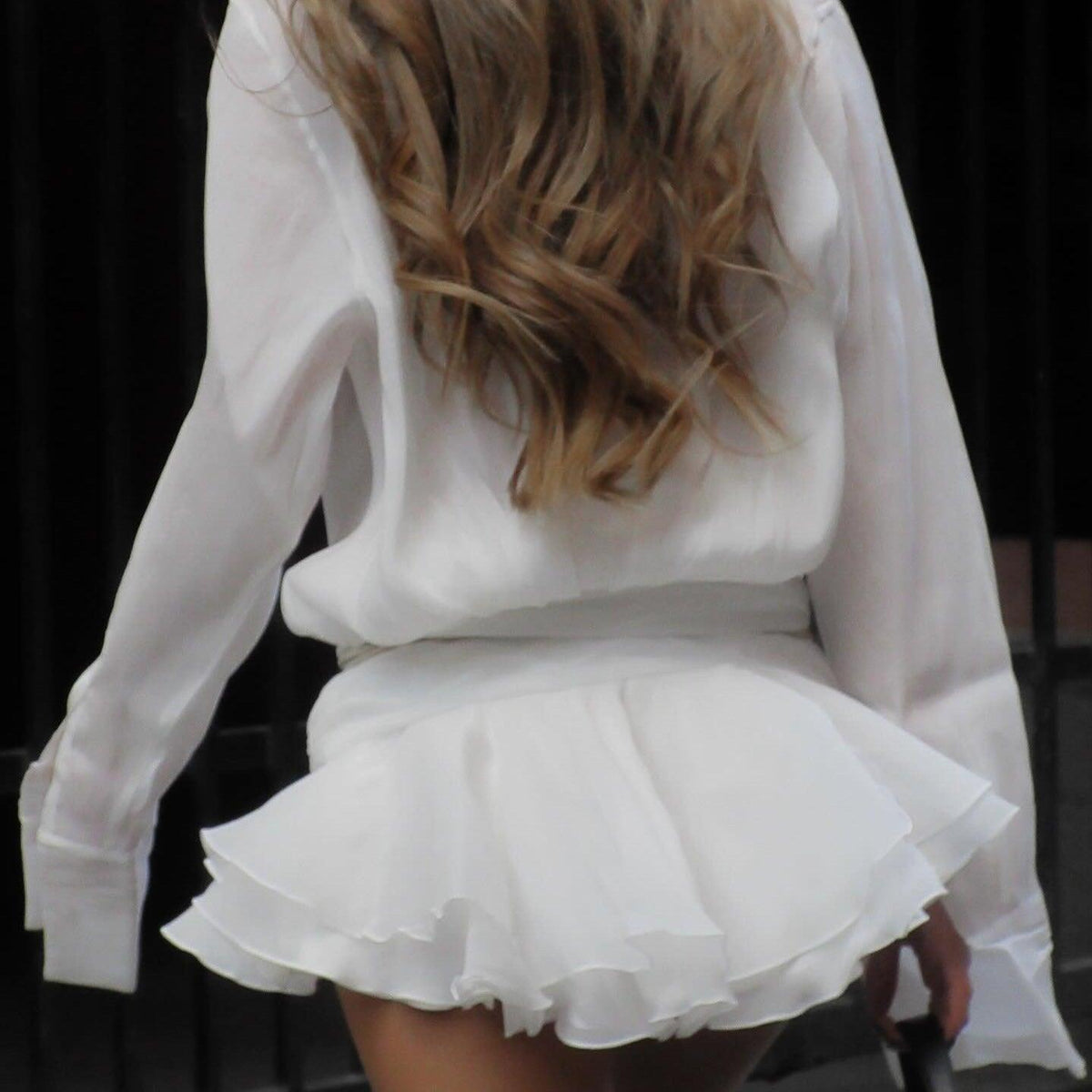 White Collared Deep V-Neck Long Sleeve Belted Ruffle Shirt Mini Dress 5