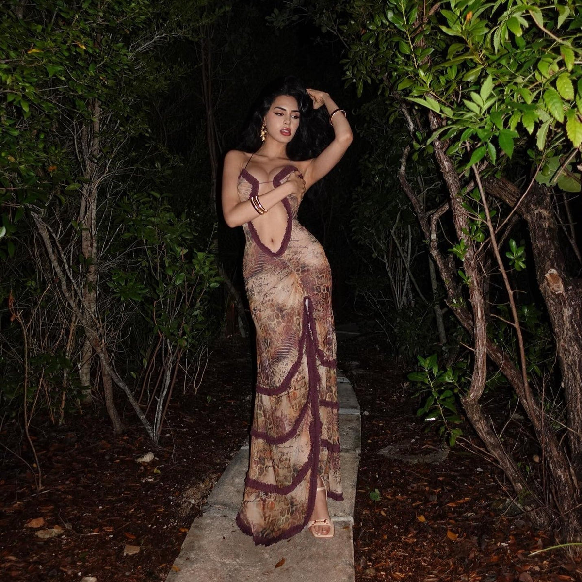 Strappy Ruffle Trim Cutout Printed Mesh Ruched Bodycon Maxi Dress