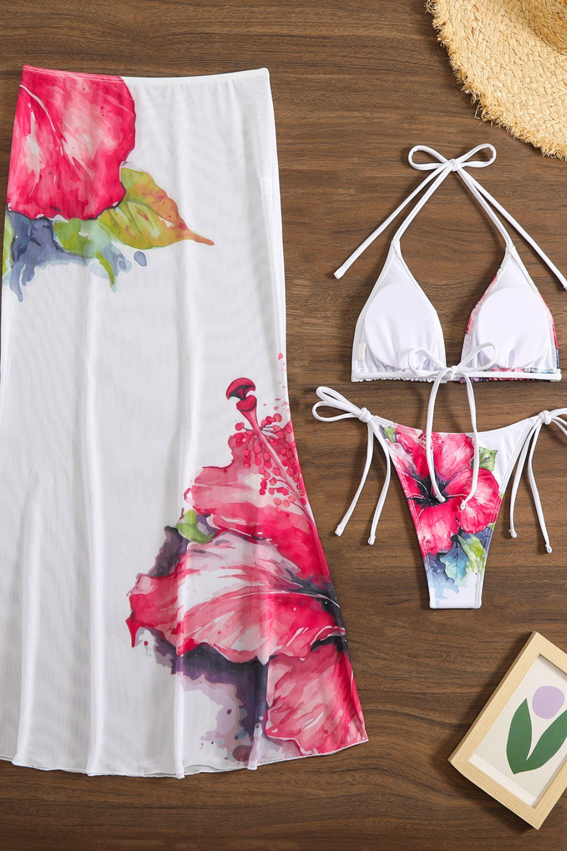 Floral Print Mesh Long Skirt Three Piece Swim Set