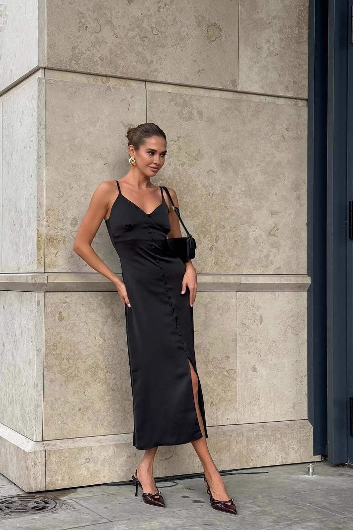 Solid LaceTrim Cami Maxi Silk Dress