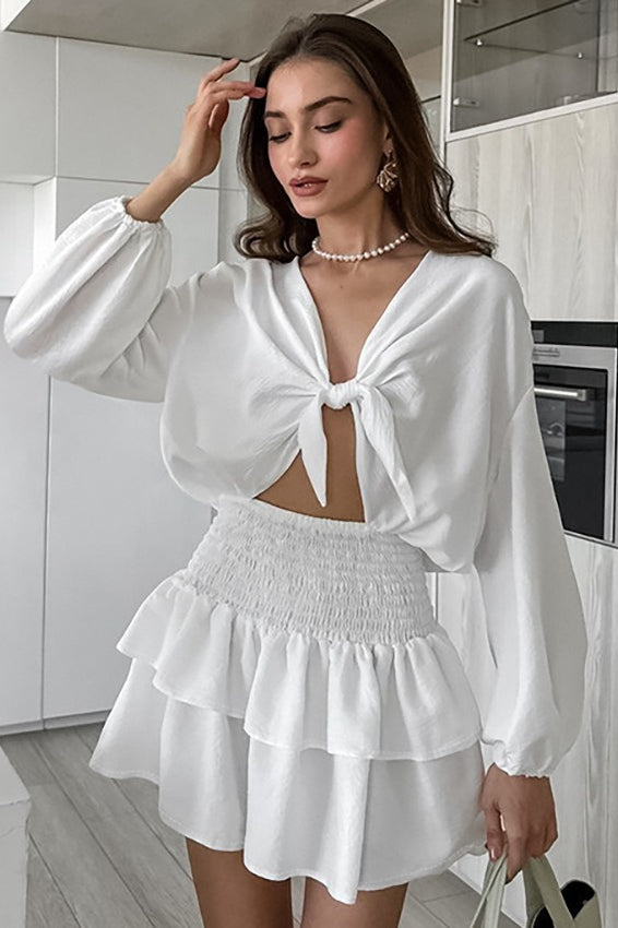 Tie-Front White Long-Sleeve Mini Dress