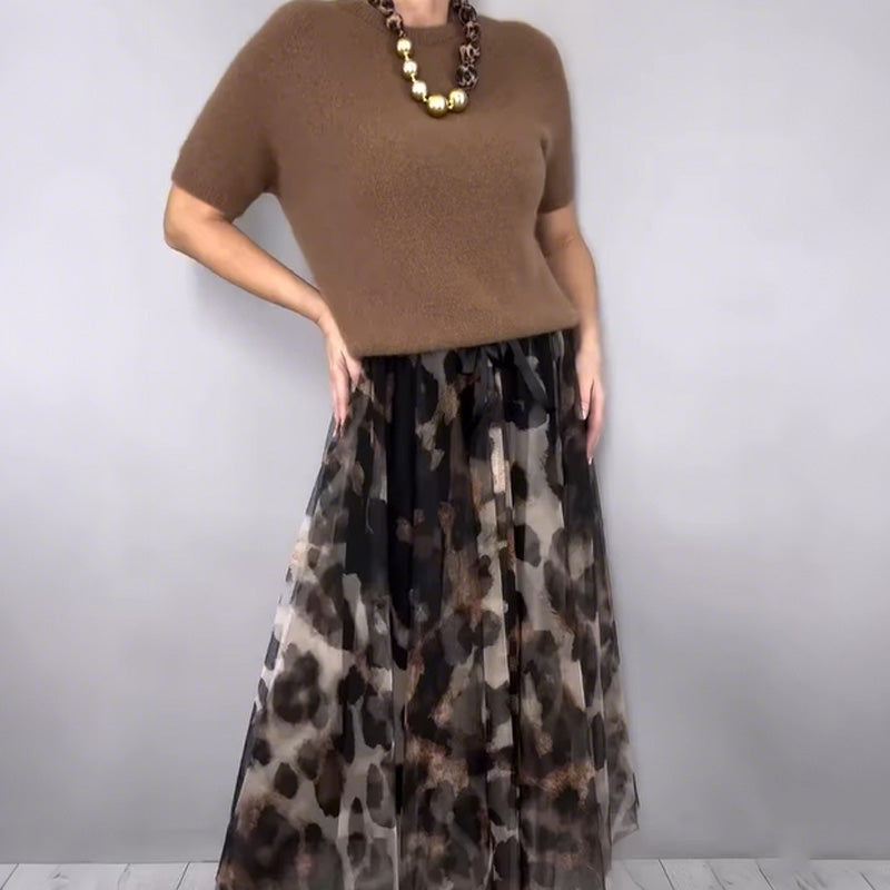 Crew Neck Short Sleeve Sweater And Leopard Flowy Maxi Skirt Set