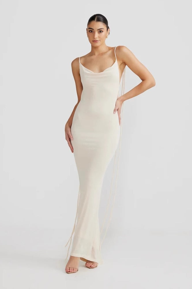 Solid Cowl Neck Tie Back Slim Slip Dress