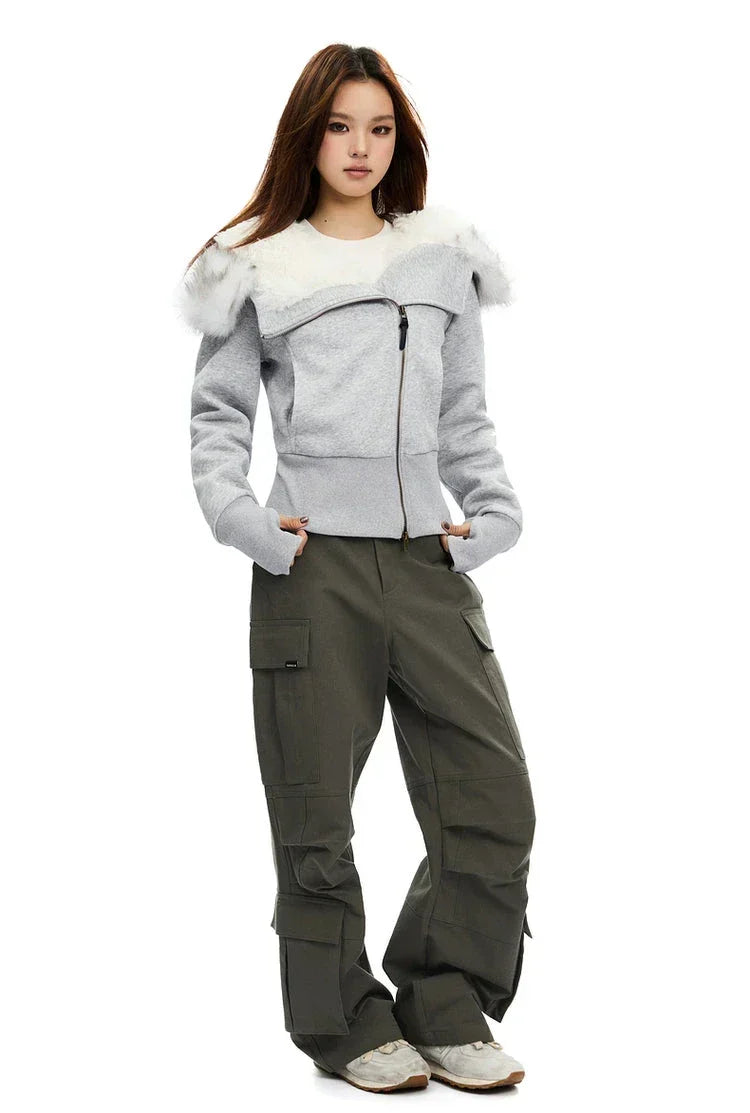 Fleece-Lined Hooded Fur-Collar Zip Short Jacket