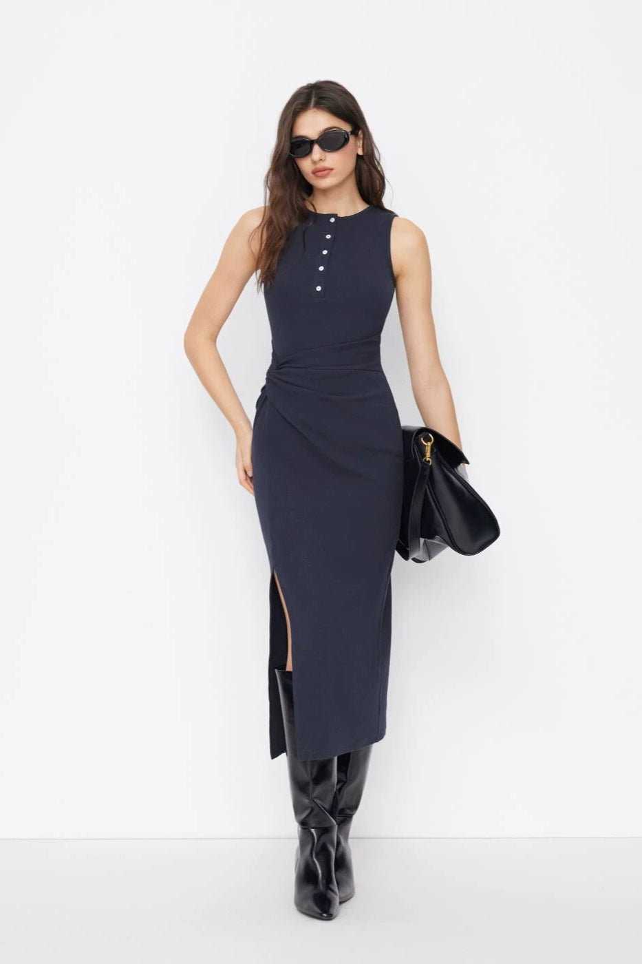 Twist Cinched Slit Sleeveless Chic Work Dress
