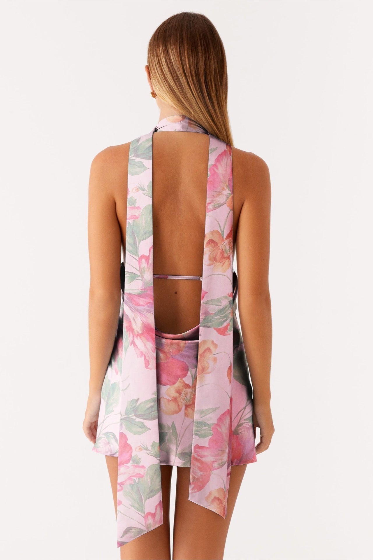 Halter Choker Deep V Neck Asymmetric Hem Watercolor Floral Print Mini Dress 5