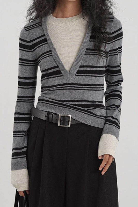 Striped Contrast Panel Deep VNeck Knit Top