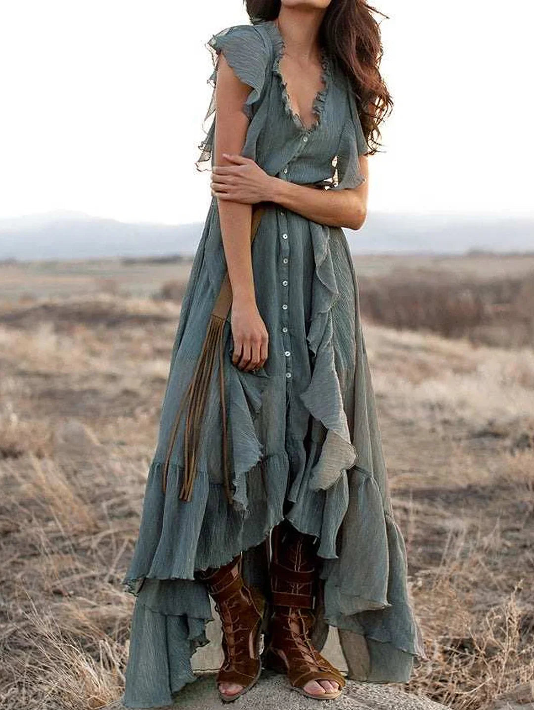Grey Blue V Neck Button Up Ruffle Maxi Dress