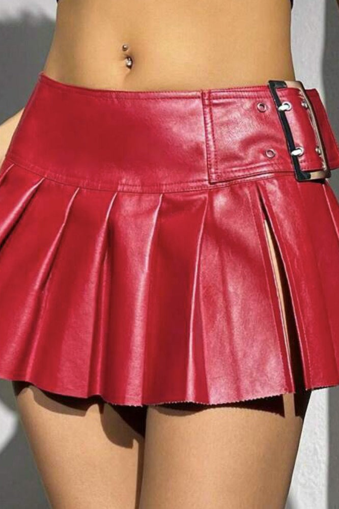 PU Leather Pleated High Waist Skirt