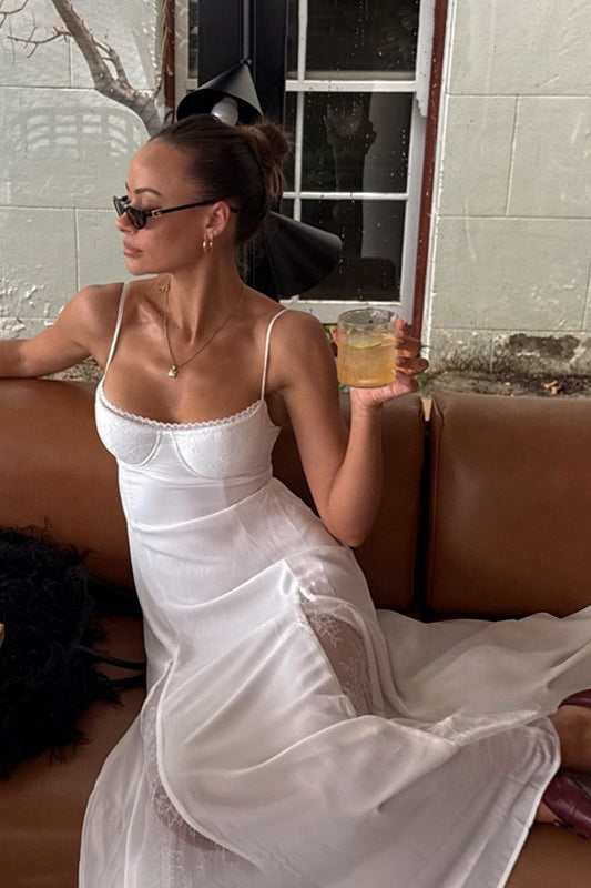 Low Cut Lace Trim Waist Cinch Slip Dress