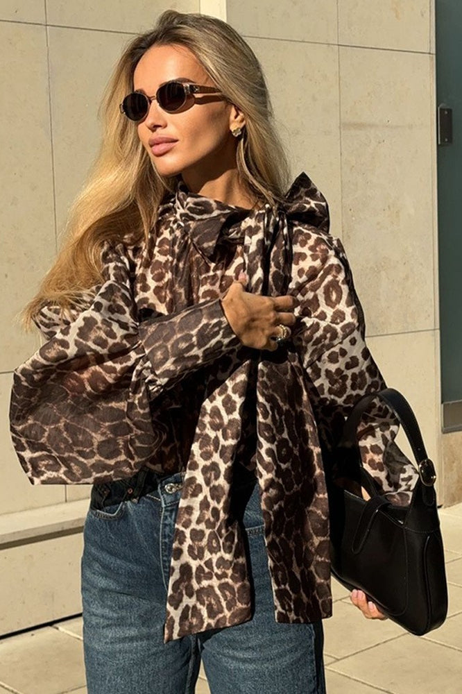 Leopard Print Tie Neck Blouse
