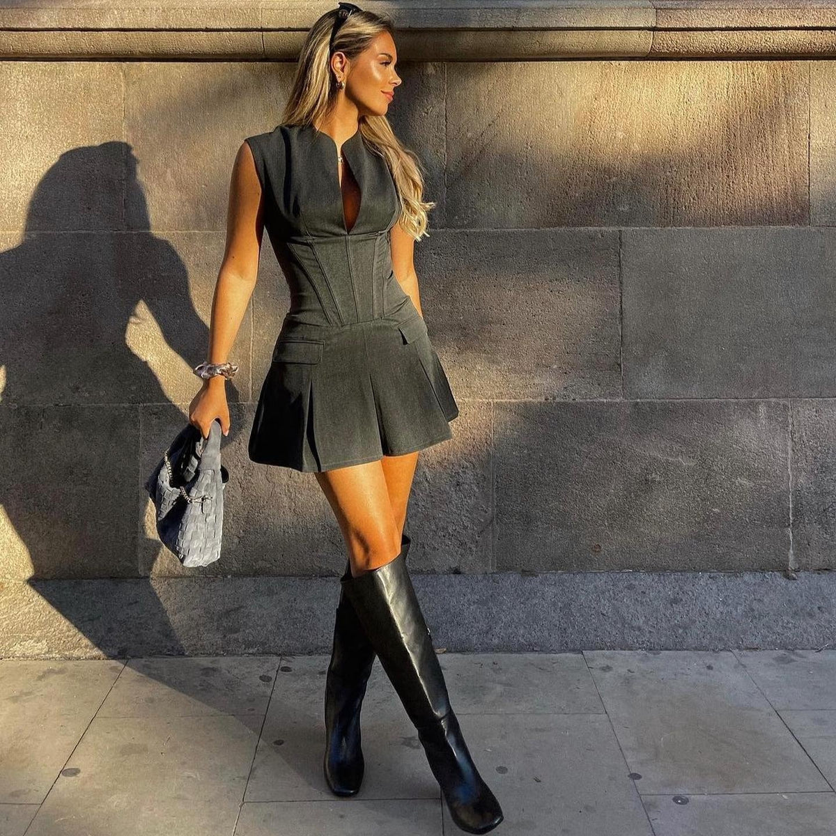 Gray Zip Front Sleeveless Corset Pleated Bodycon Mini Dress