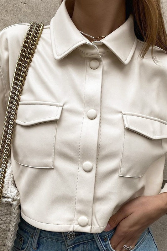 White Crop Leather Long-Sleeve Jacket