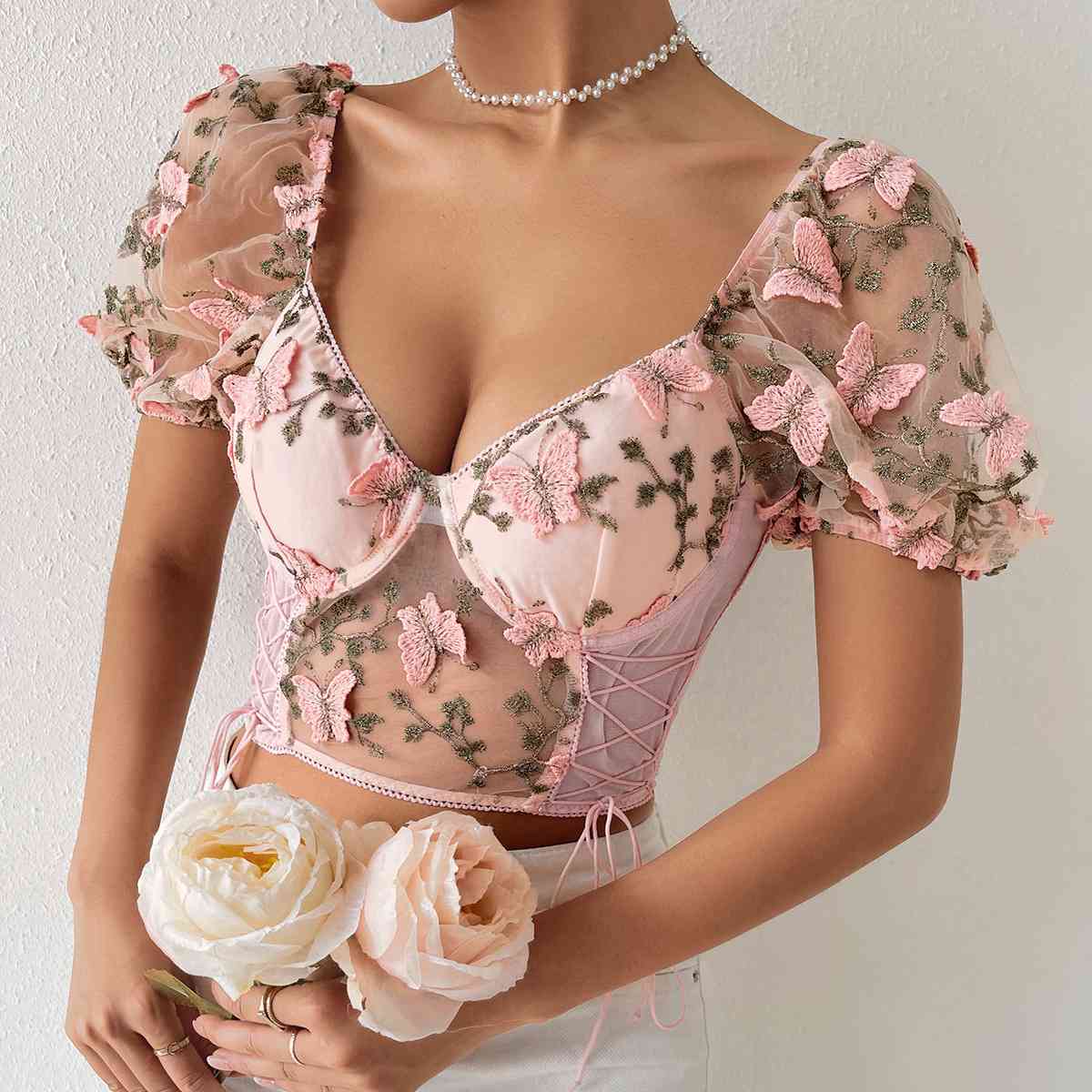 Butterfly Whispers Embroidery Charming Mesh Corset Top Pink / S