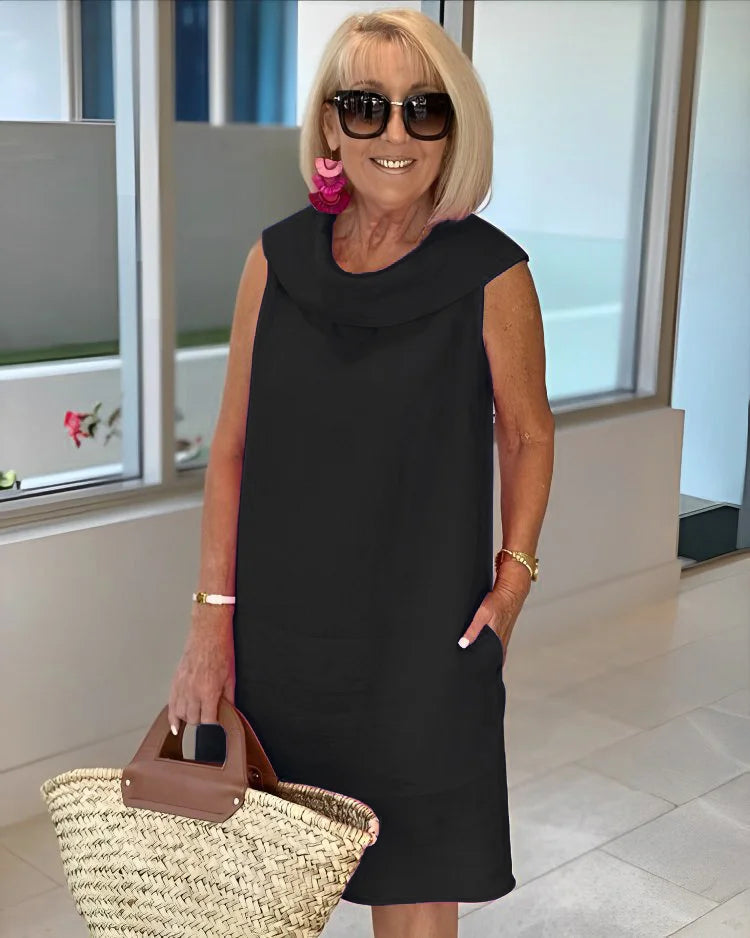 Cowl Neck Sleeveless Linen Pocket Shift Midi Dress