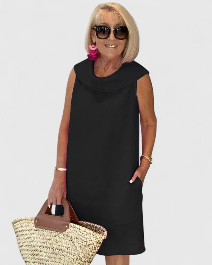 Cowl Neck Sleeveless Linen Shift Midi Dress