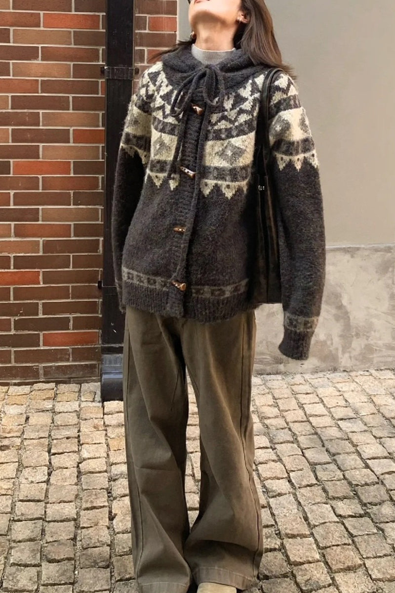 Retro Fair Isle Hooded Horn Button Loose Knit Cardigan