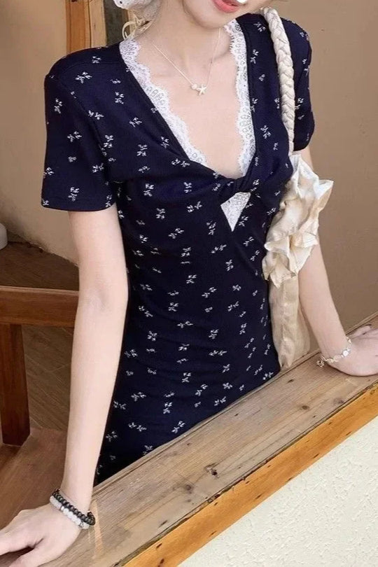 V - neck Waist - cinching Slim Floral Dress