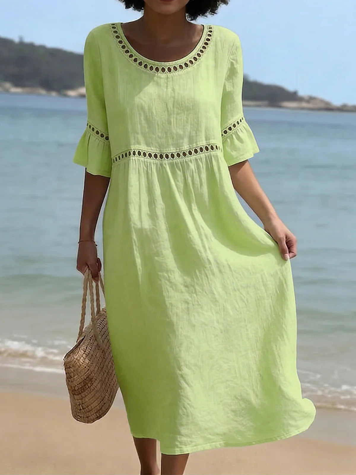 Round Neck Crochet Lace Trim Bell Sleeve Empire Waist Midi Dress 16