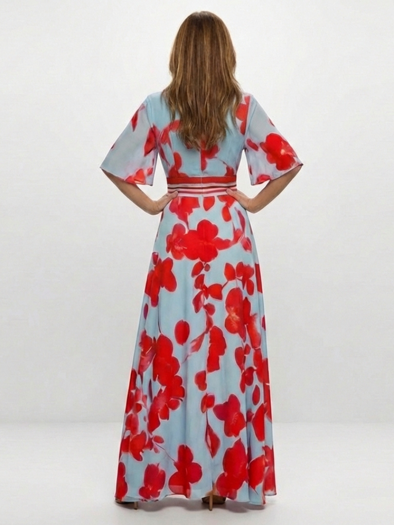 Floral V-Neck Floral Kimono Sleeve Banded Waist Flowy Maxi Dress