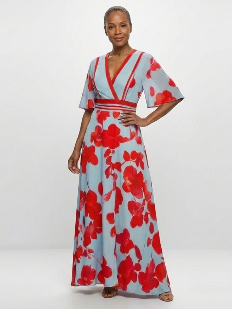 Floral V-Neck Floral Kimono Sleeve Banded Waist Flowy Maxi Dress