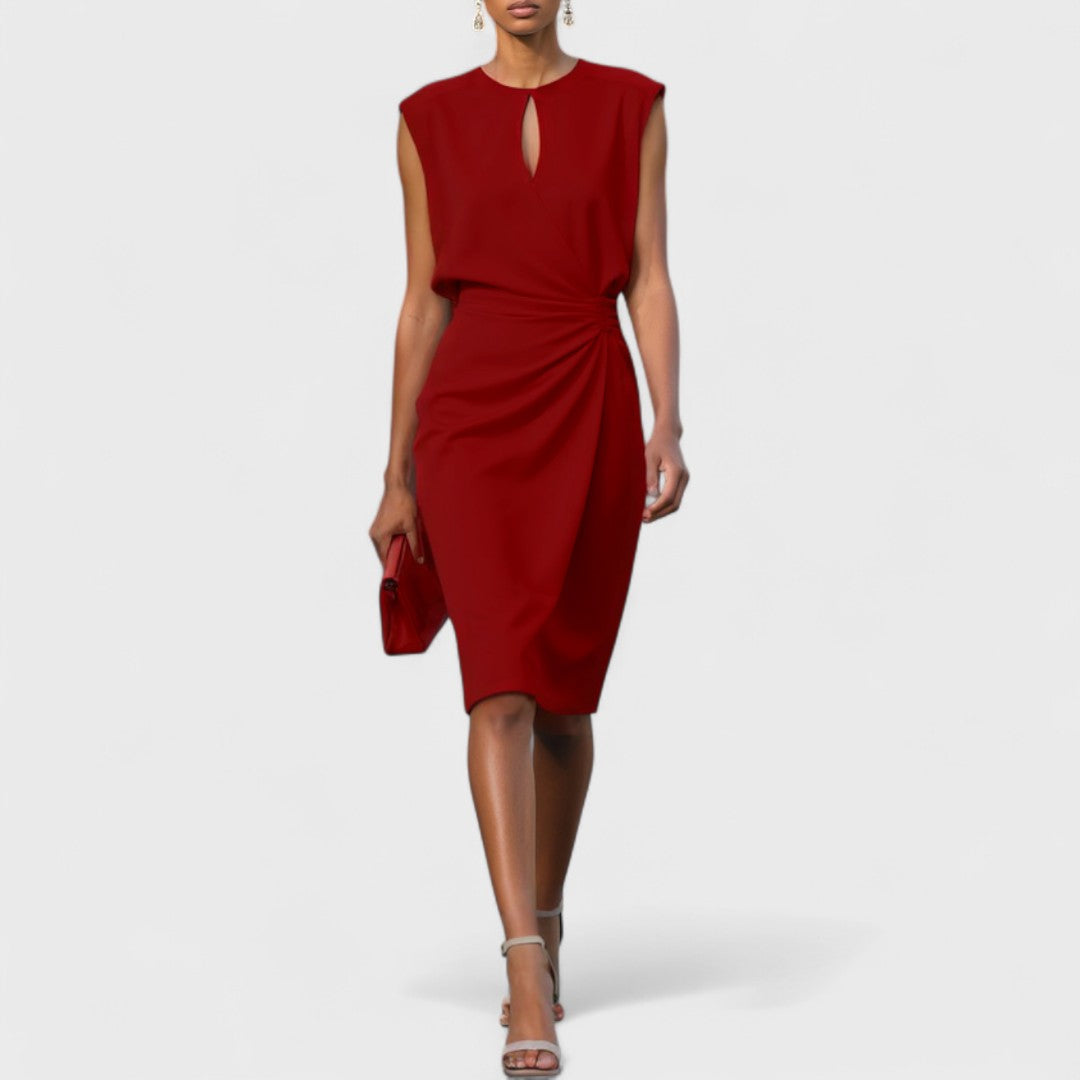 Keyhole Neck Sleeveless Ruched Twist Waist Tulip Midi Dress