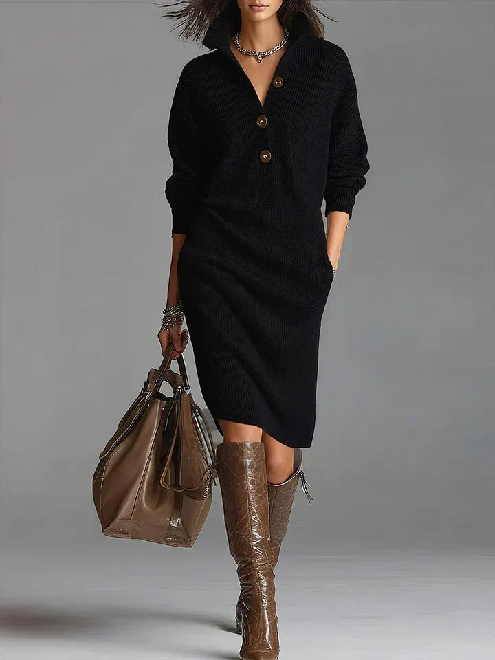Collared Half Button Ribbed Knit Long Sleeve Midi Sweater Dress 2