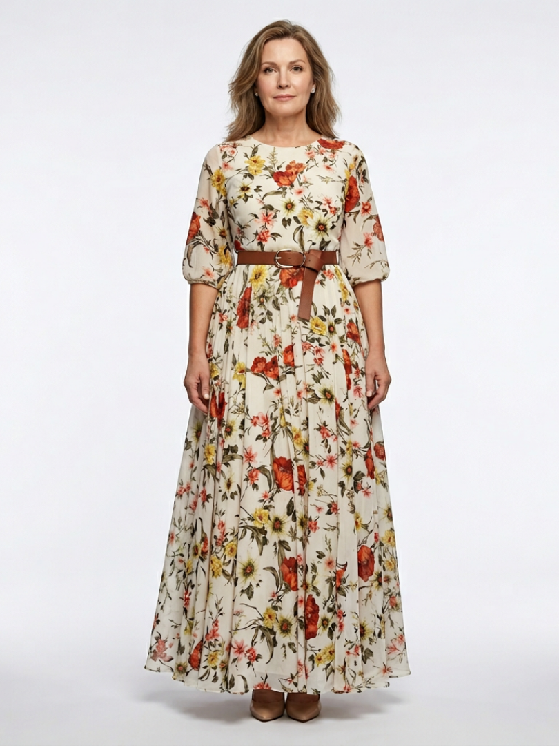 Floral Round Neck Floral Three Quarter Sleeve Belted Pleated Maxi Dress
