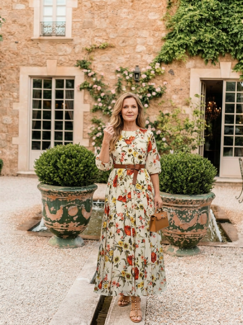 Floral Round Neck Floral Three Quarter Sleeve Belted Pleated Maxi Dress 4