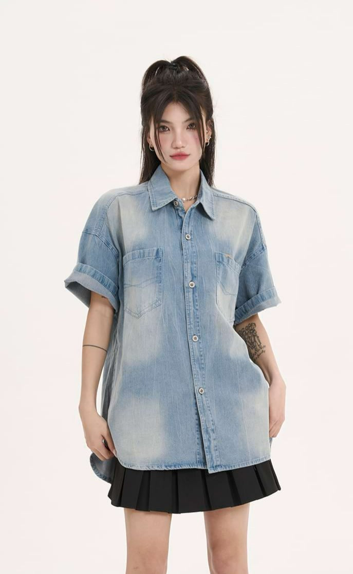Oversized Faded Denim Button Shirt