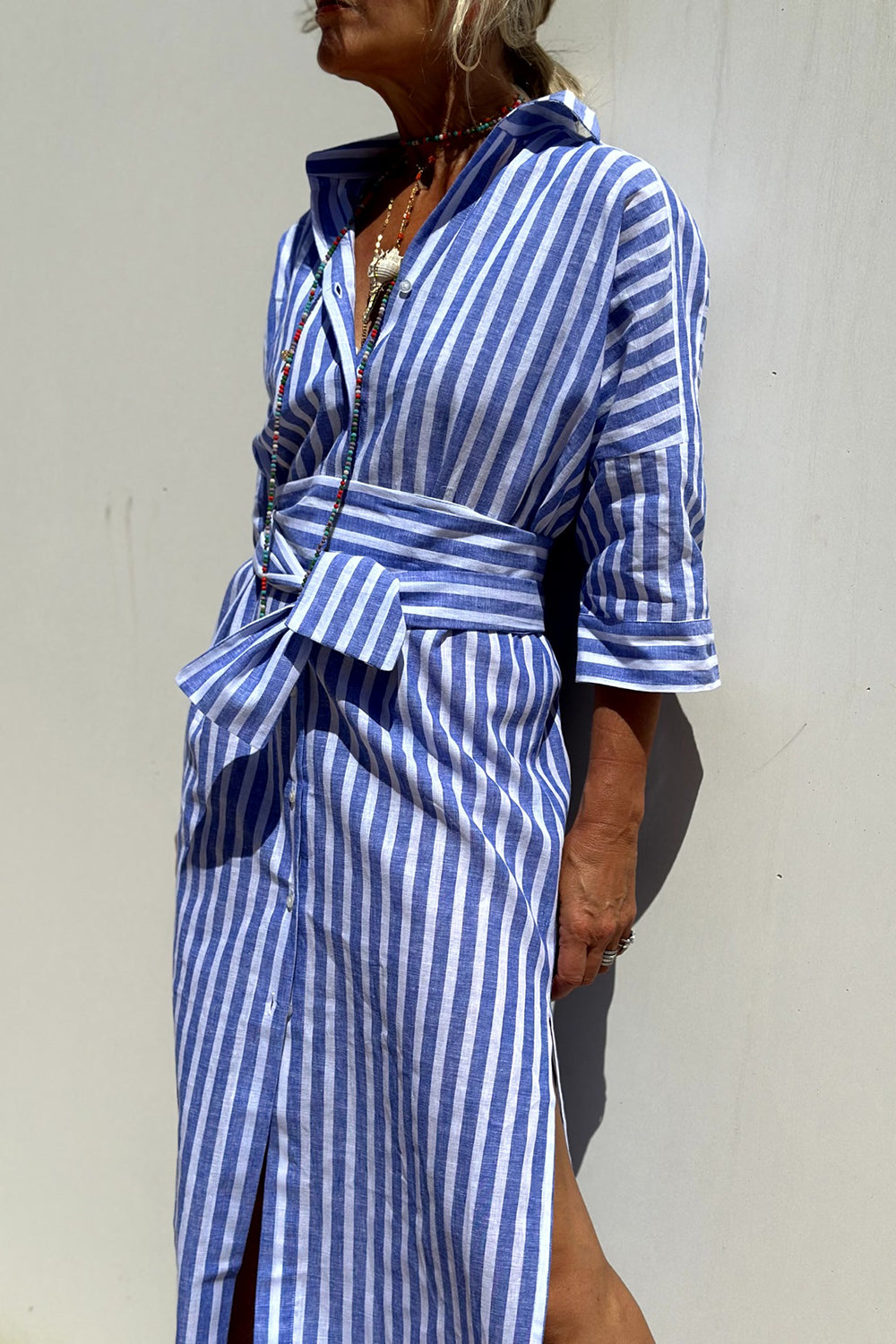 Collared Button Front Roll-Tab Sleeve Striped Shirt Maxi Dress 5