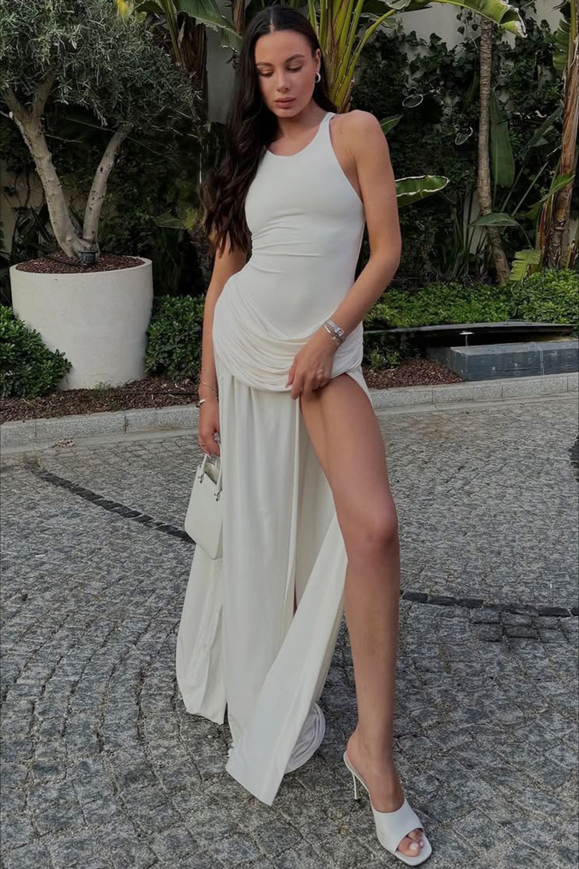 Sexy Solid Fitted High Slit Ruched Sleeveless Party Dress