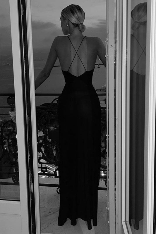 Spaghetti Strap Deep V Backless Solid Elegant Party Dress