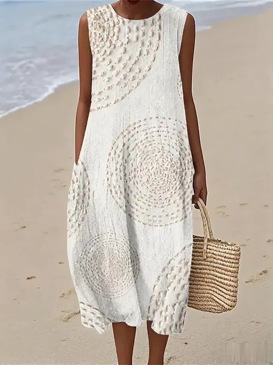 White Round Neck Abstract Print Sleeveless Pocket Cocoon Midi Dress