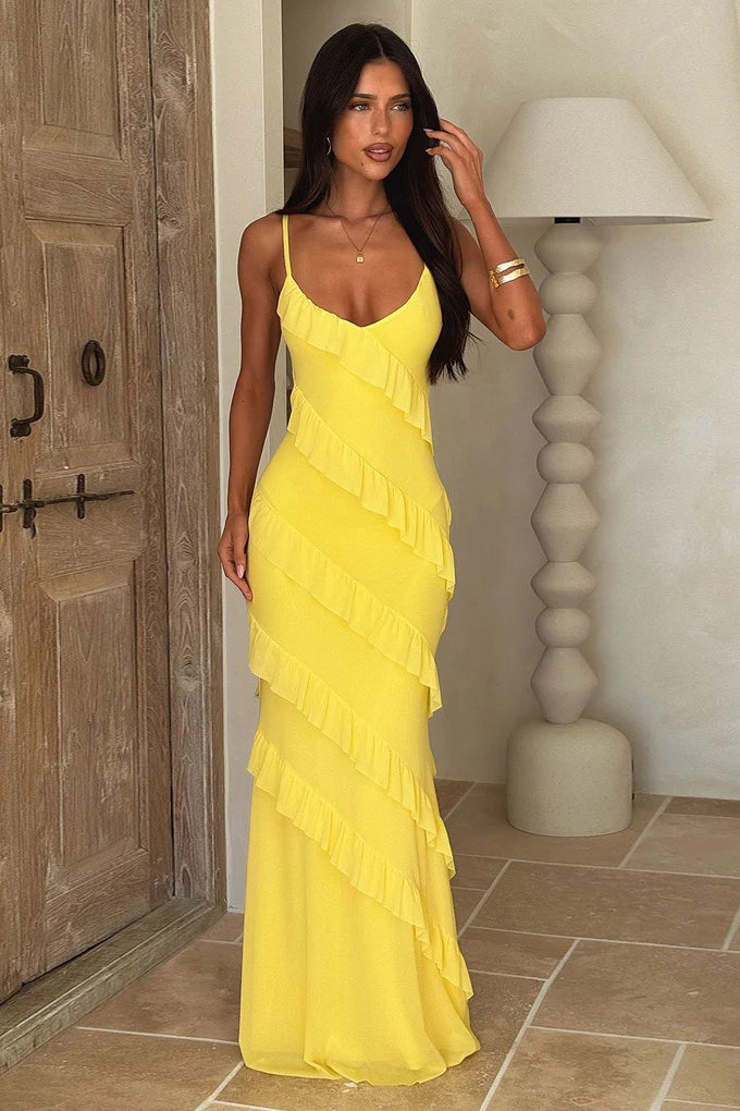 V Neck Open Back Side Split Wave Slim Slip Dress