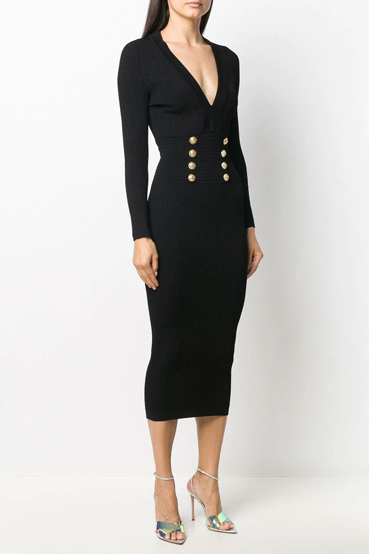 Black Deep V-Neck Long Sleeve Button Trim Ribbed Knit Sweater Midi Dress
